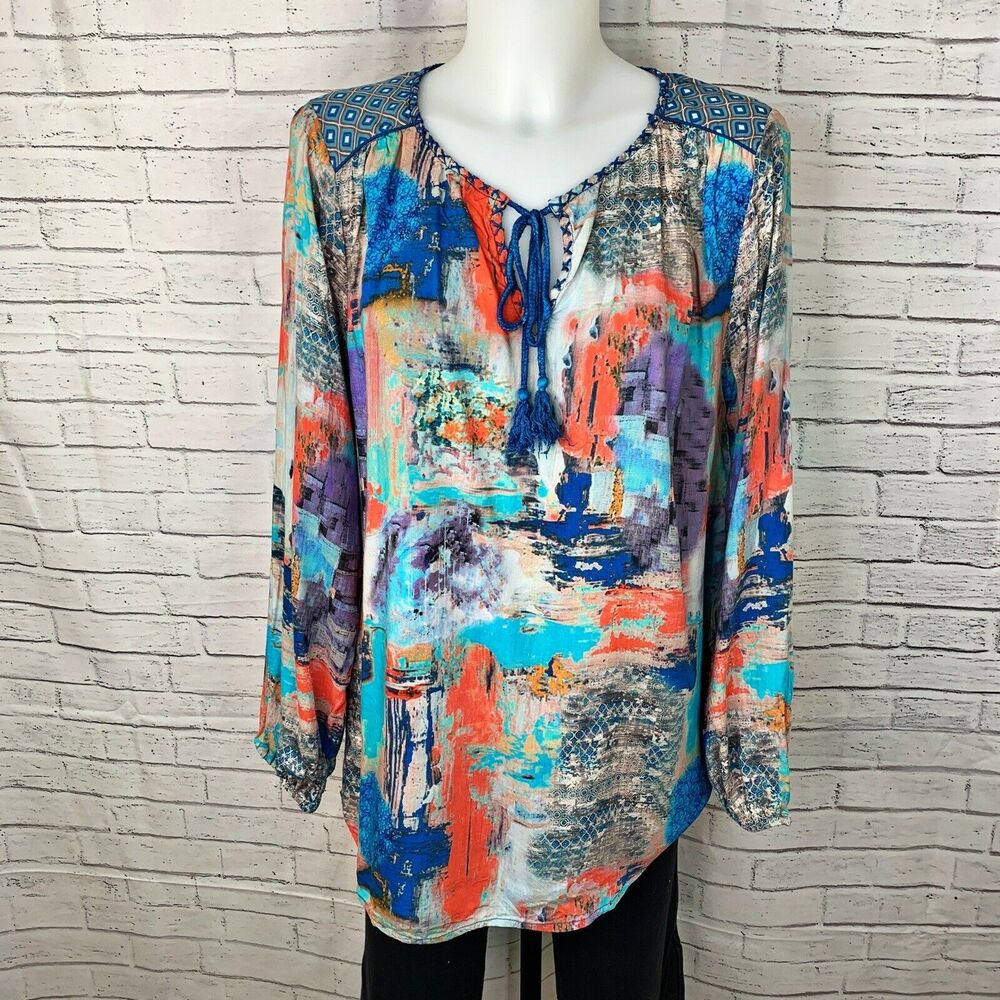 Soft Surroundings Riviera Top Women's Large Watercolor Abstract Art Boho A11